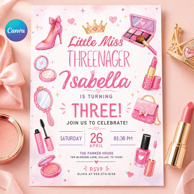 Fashion & Makeup Miss Threenager 3rd Birthday Invitation Card for Girls