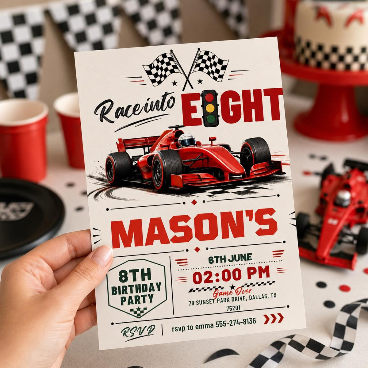 Fast Eight Race Car Birthday Invitation — design view 11