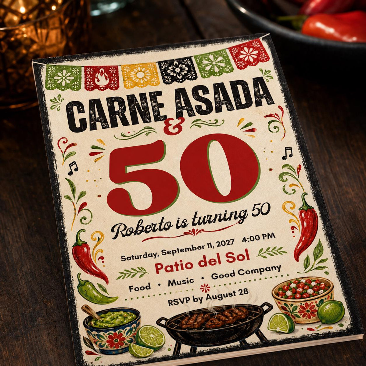 Fiesta Carne Asada 50th Birthday Invitation — digital invitation, instant download