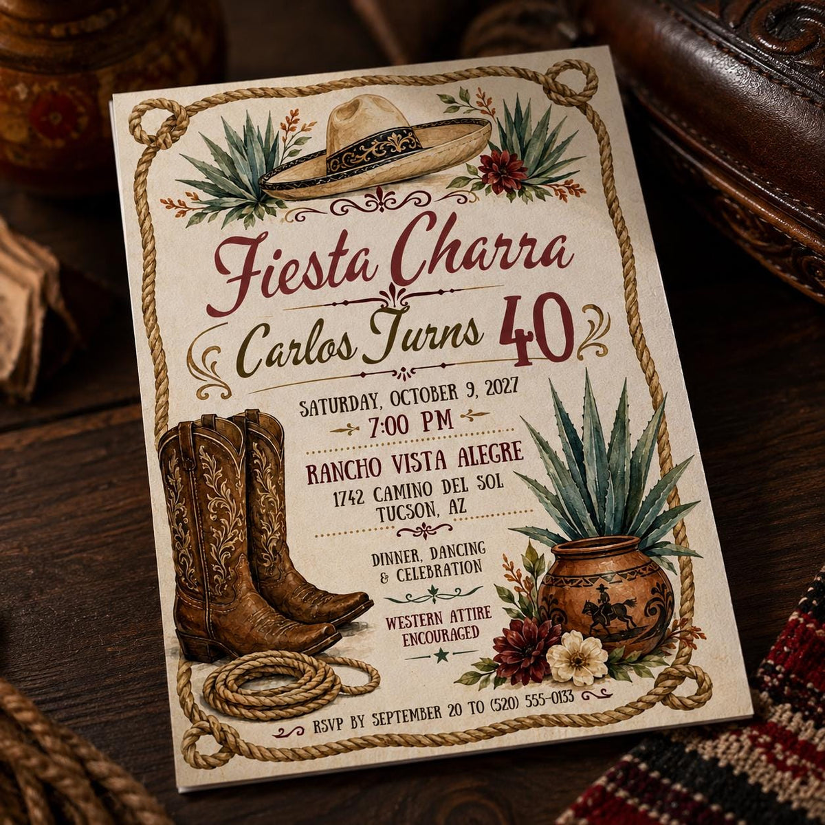 Fiesta Charra 40th Birthday Invitation — digital invitation, instant download
