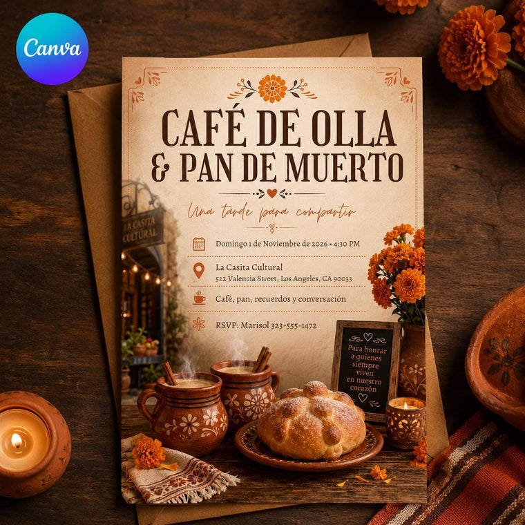 Fiesta Day of the Dead Invitation: Cafe de Olla Pan de Muerto Gathering
