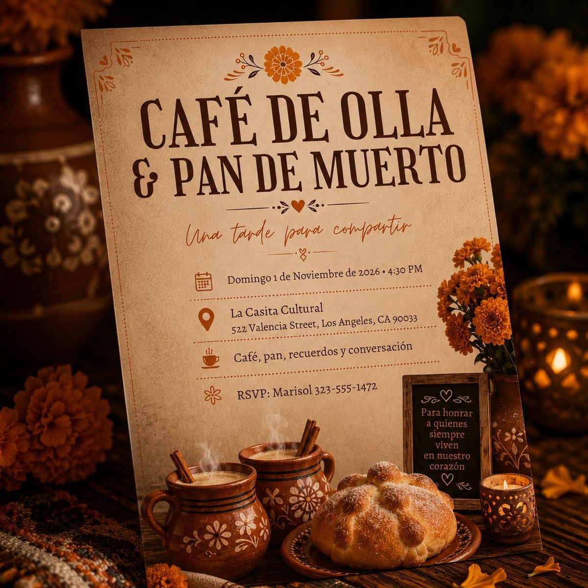 Fiesta Day of the Dead Invitation: Cafe de Olla Pan de Muerto Gathering — digital invitation, instant download