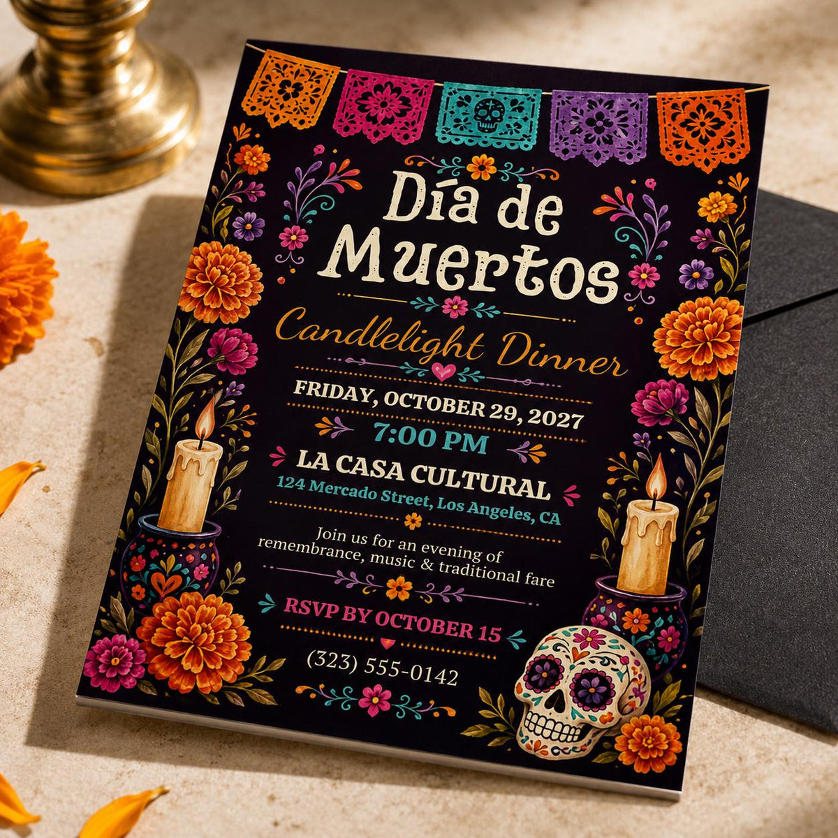 Fiesta Day of the Dead Invitation: Día de Muertos Candlelight Dinner — digital invitation, instant download