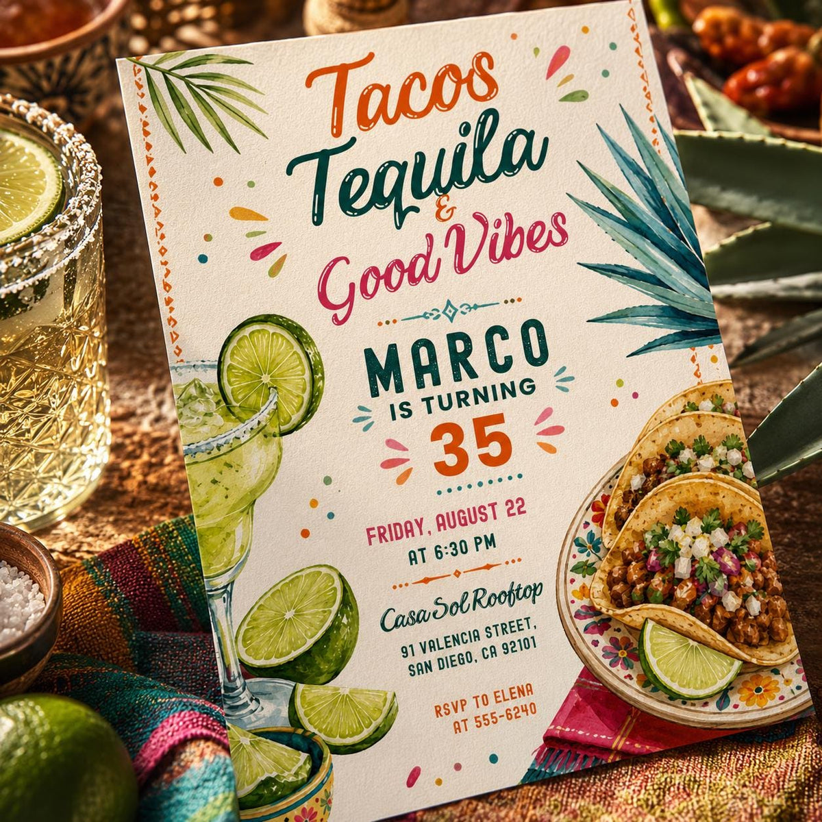 Fiesta Tacos And Tequila Birthday Invitation — birthday party stationery by VoltBy
