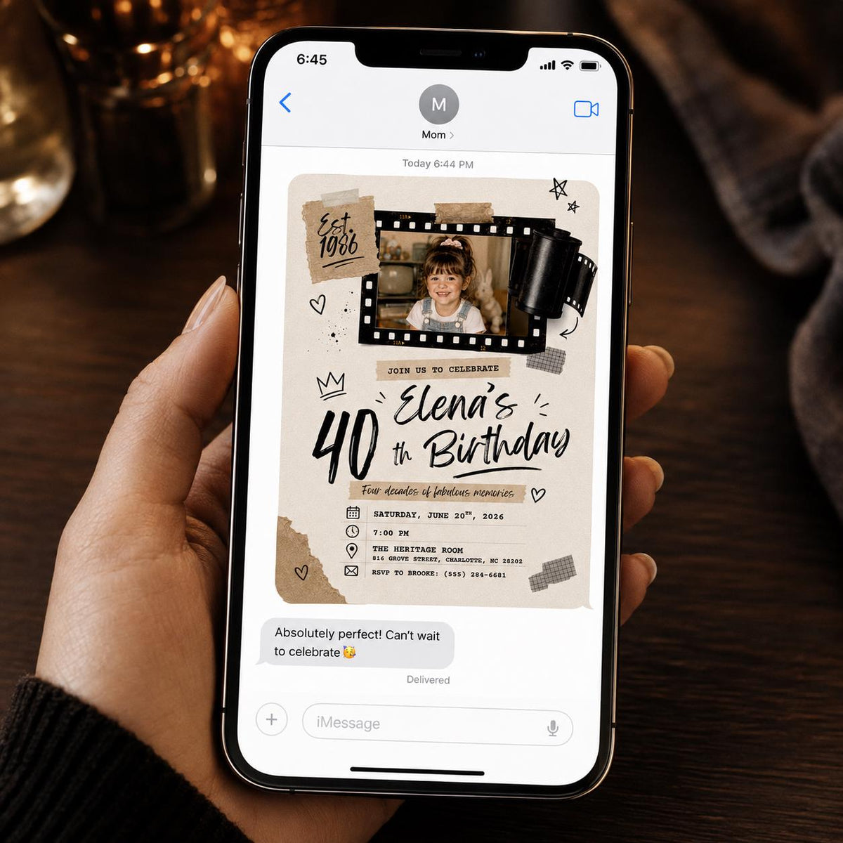 Filmstrip Photo 40th Birthday Invitation — digital invitation, instant download