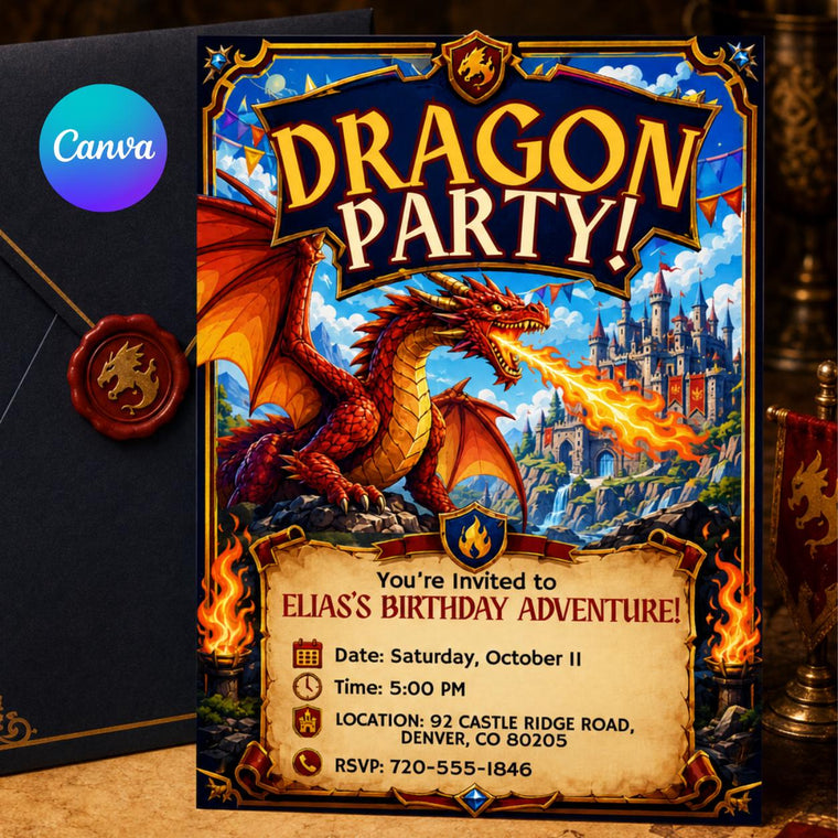Fire-Breathing Dragon Birthday Invitation with Castle