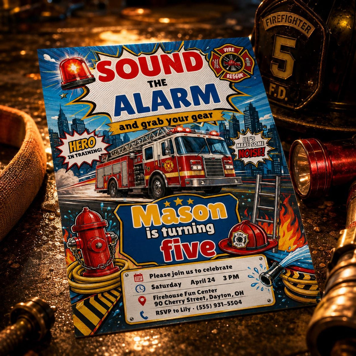 Firefighter Fire Truck Birthday Invitation: Sound The Alarm Boy Birthday — birthday party stationery by VoltBy