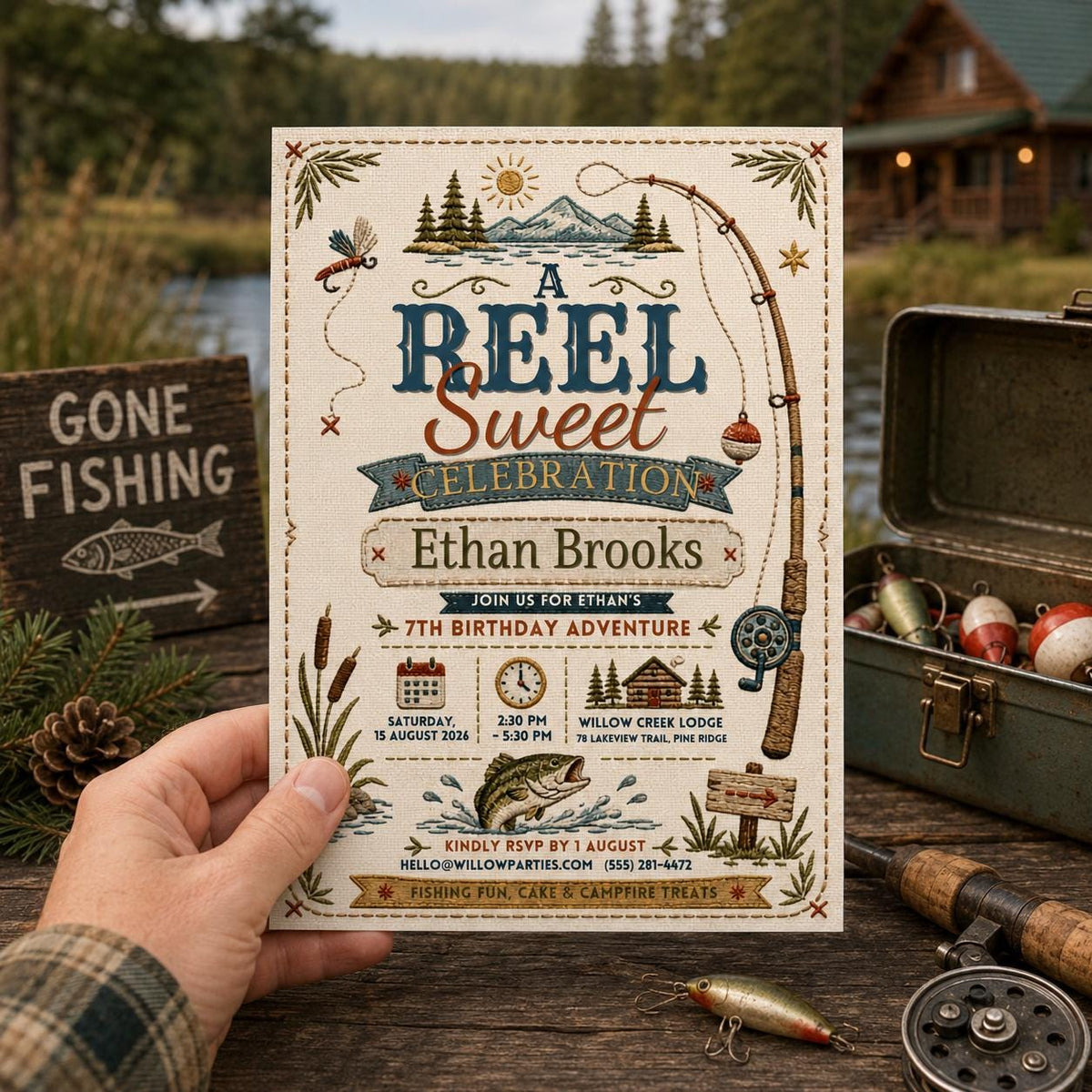 Fishing 7th Birthday Invitation — 7th birthday party stationery by VoltBy