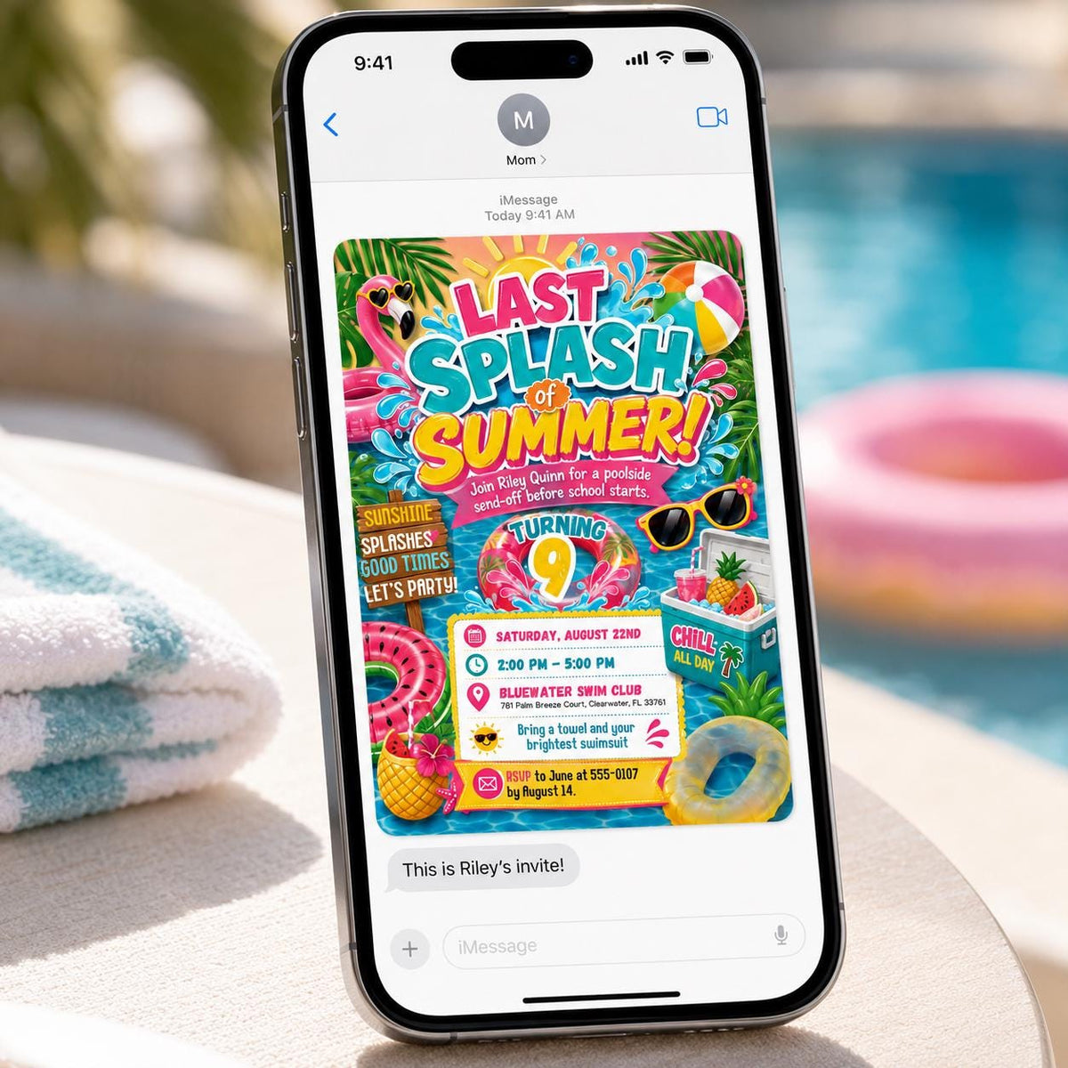 Flamingo 9th Birthday Pool Party Invitation — 9th birthday party stationery by VoltBy