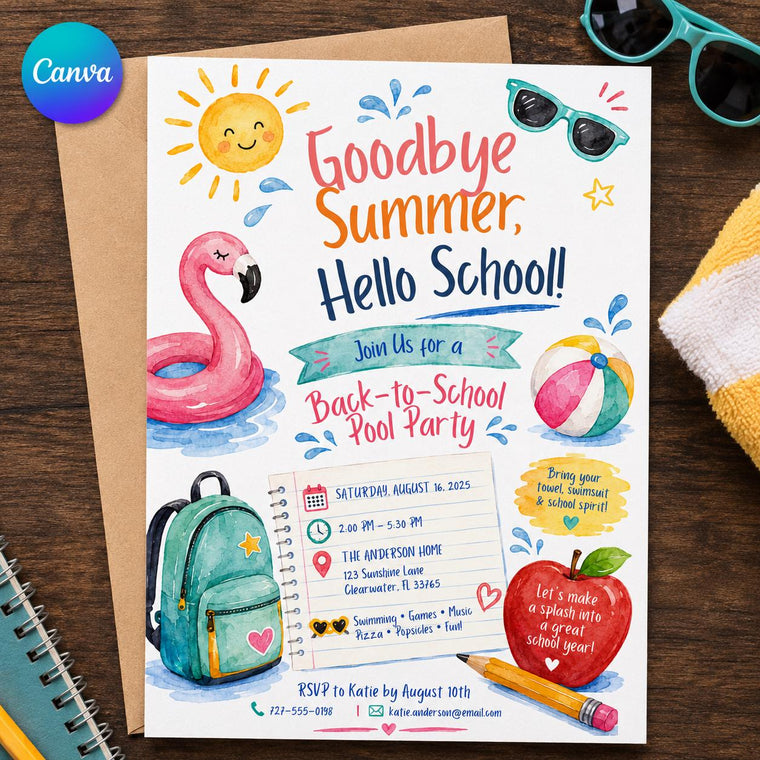 Flamingo Back to School Pool Party Invitation: Goodbye Summer Hello School