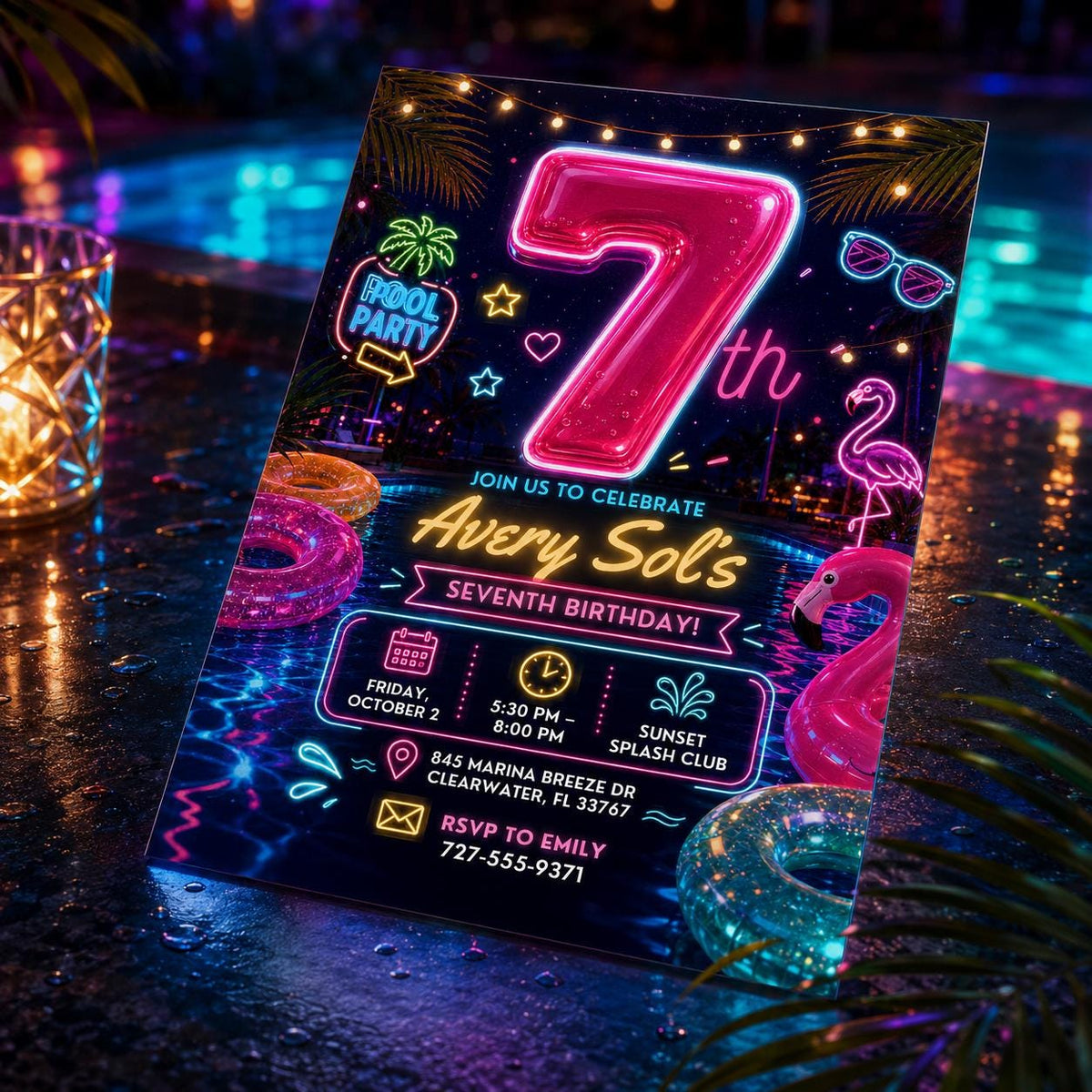 Flamingo Neon Pool Party Invitation: 7th Birthday Glow Swim — 7th birthday party stationery by VoltBy
