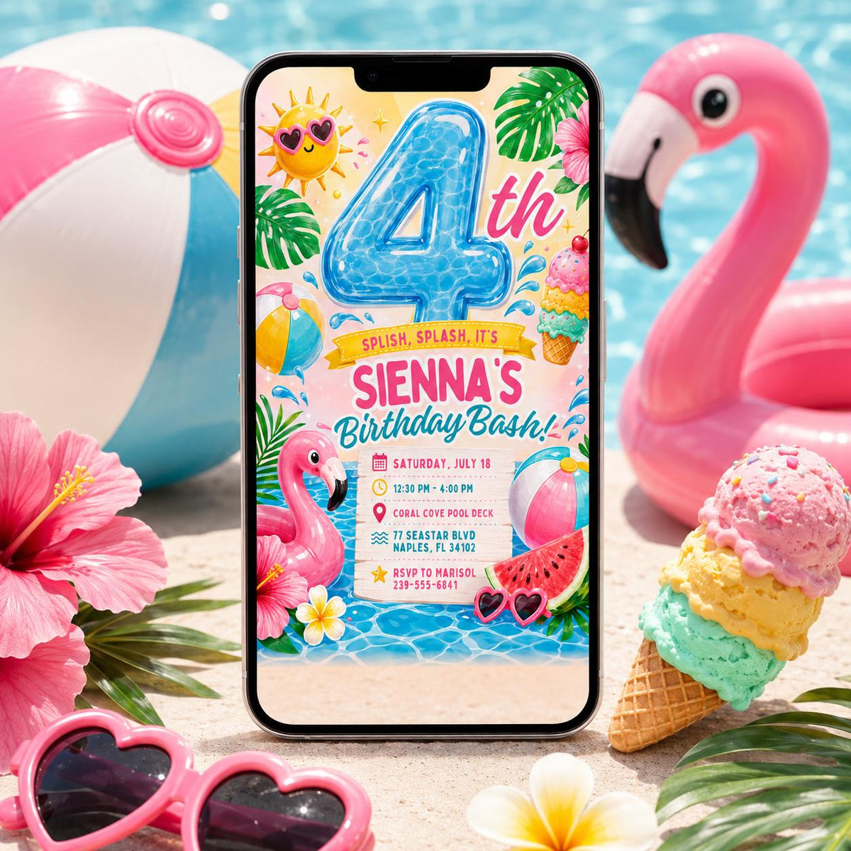 Flamingo Pool Party Birthday Invitation for Girls — birthday party stationery by VoltBy