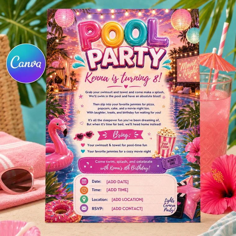 Flamingo Pool Party Movie Night Invitation