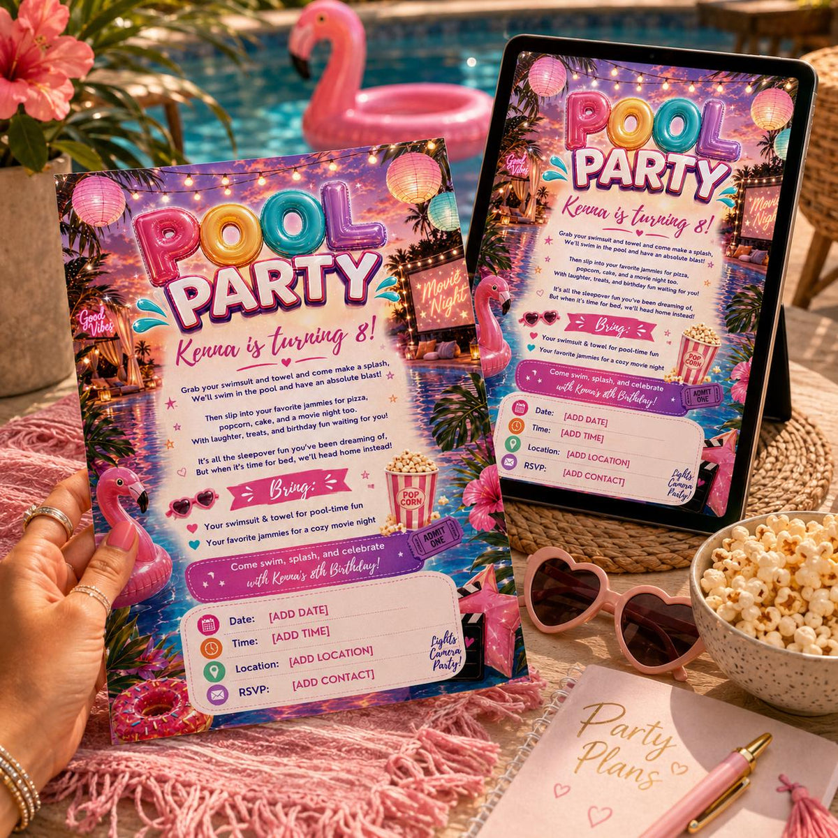 Flamingo Pool Party Movie Night Invitation — birthday party stationery by VoltBy