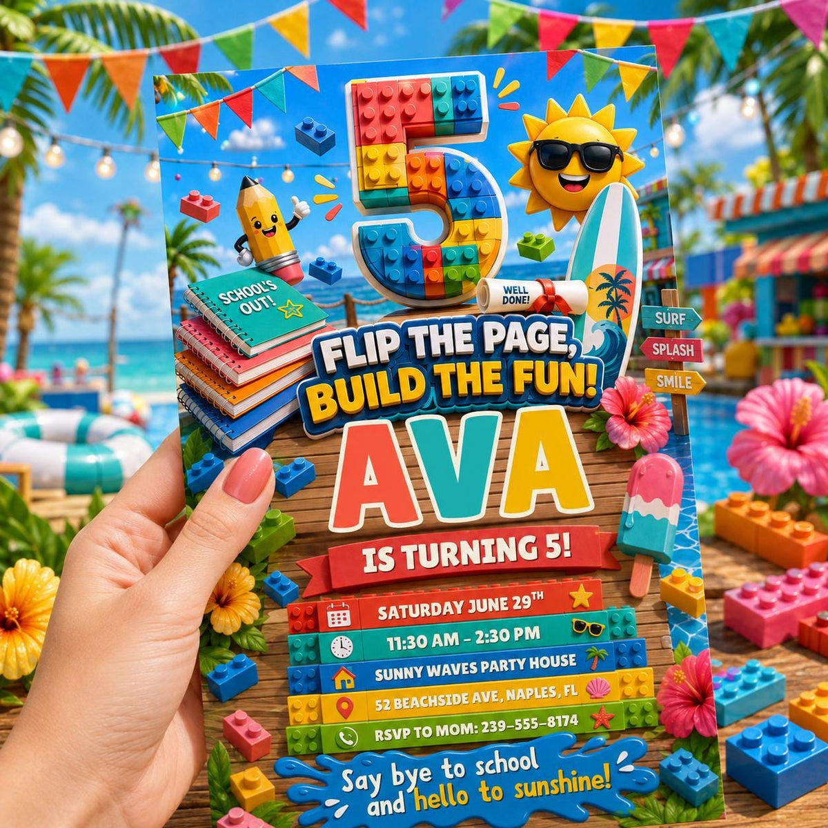 Flip the Page Build the Fun 5th Birthday Block Invitation — printable invitation from VoltBy