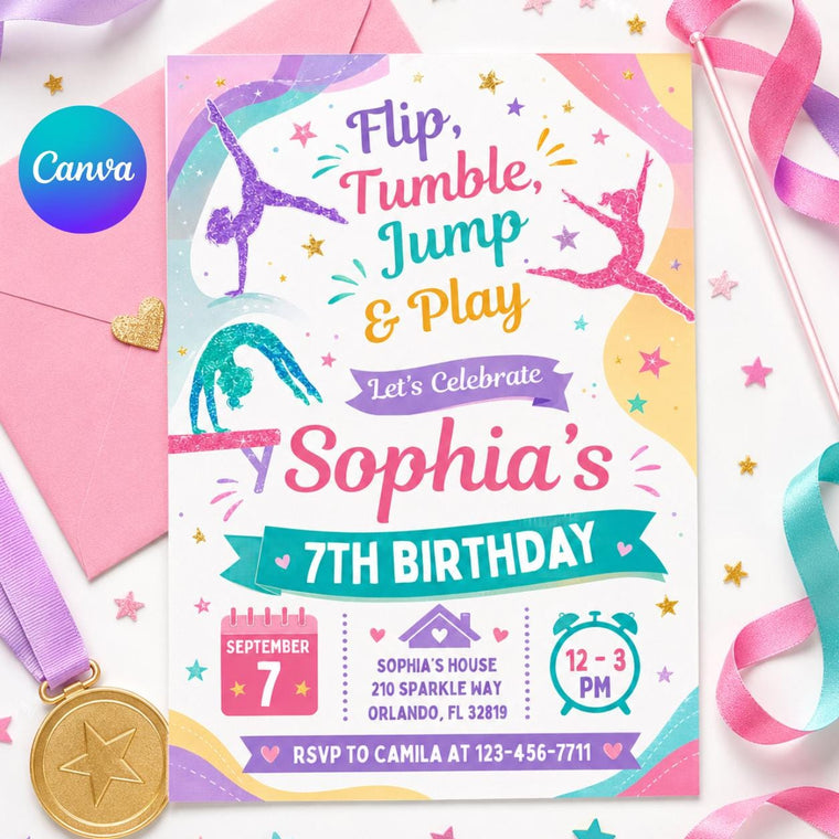 Flip Tumble Jump and Play Gymnastics 7th Birthday Invitation