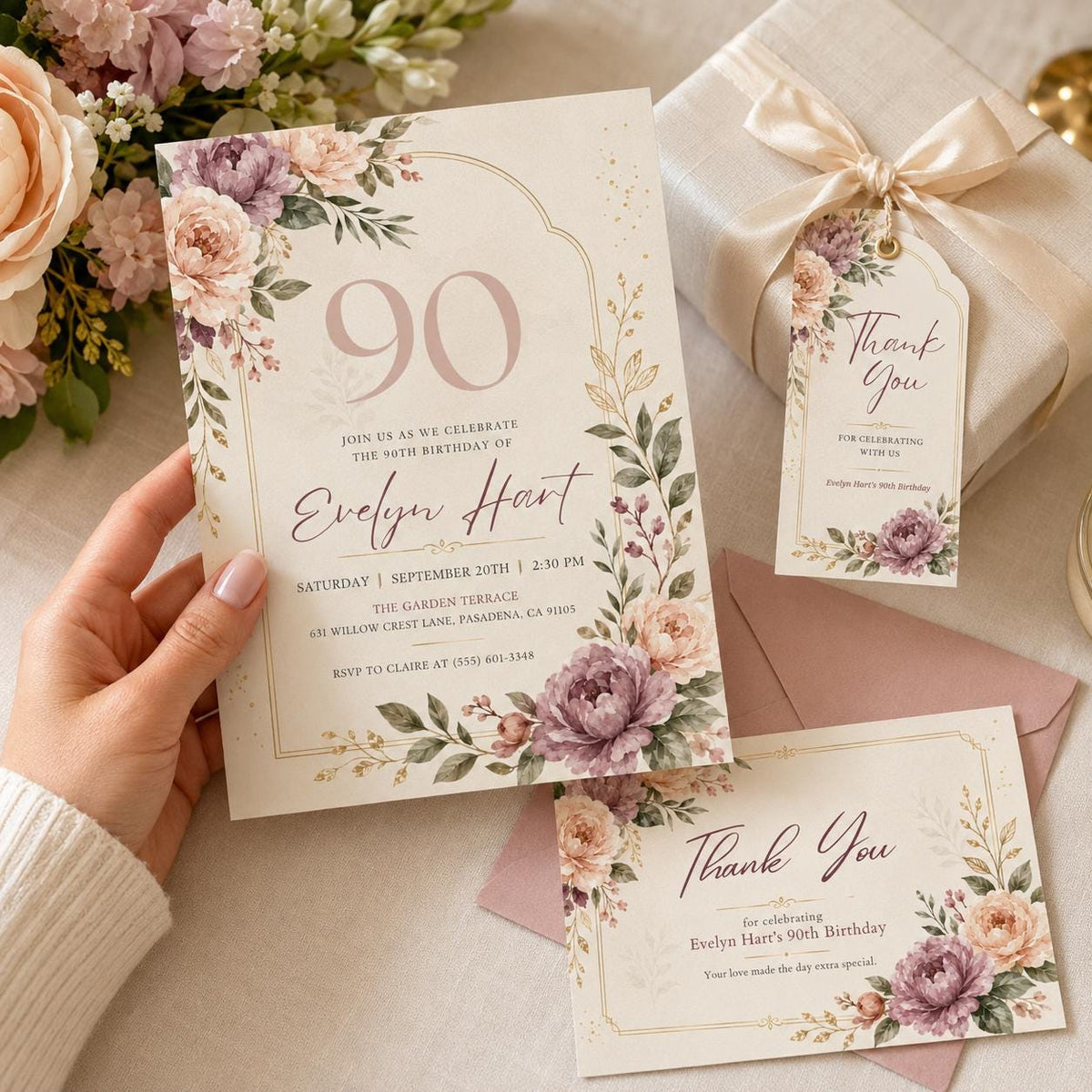 Floral 90th Birthday Invitation Bundle — 90th birthday party stationery by VoltBy
