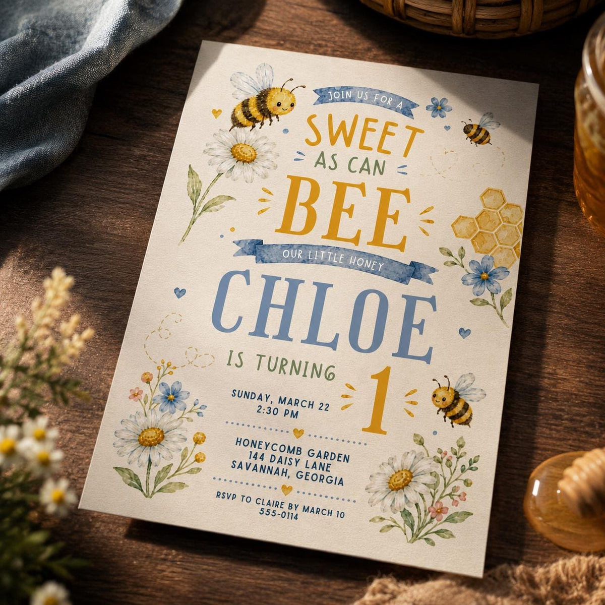 Floral Bee First Birthday Invitation: Sweet As Can Bee 1st Birthday — first birthday stationery by VoltBy