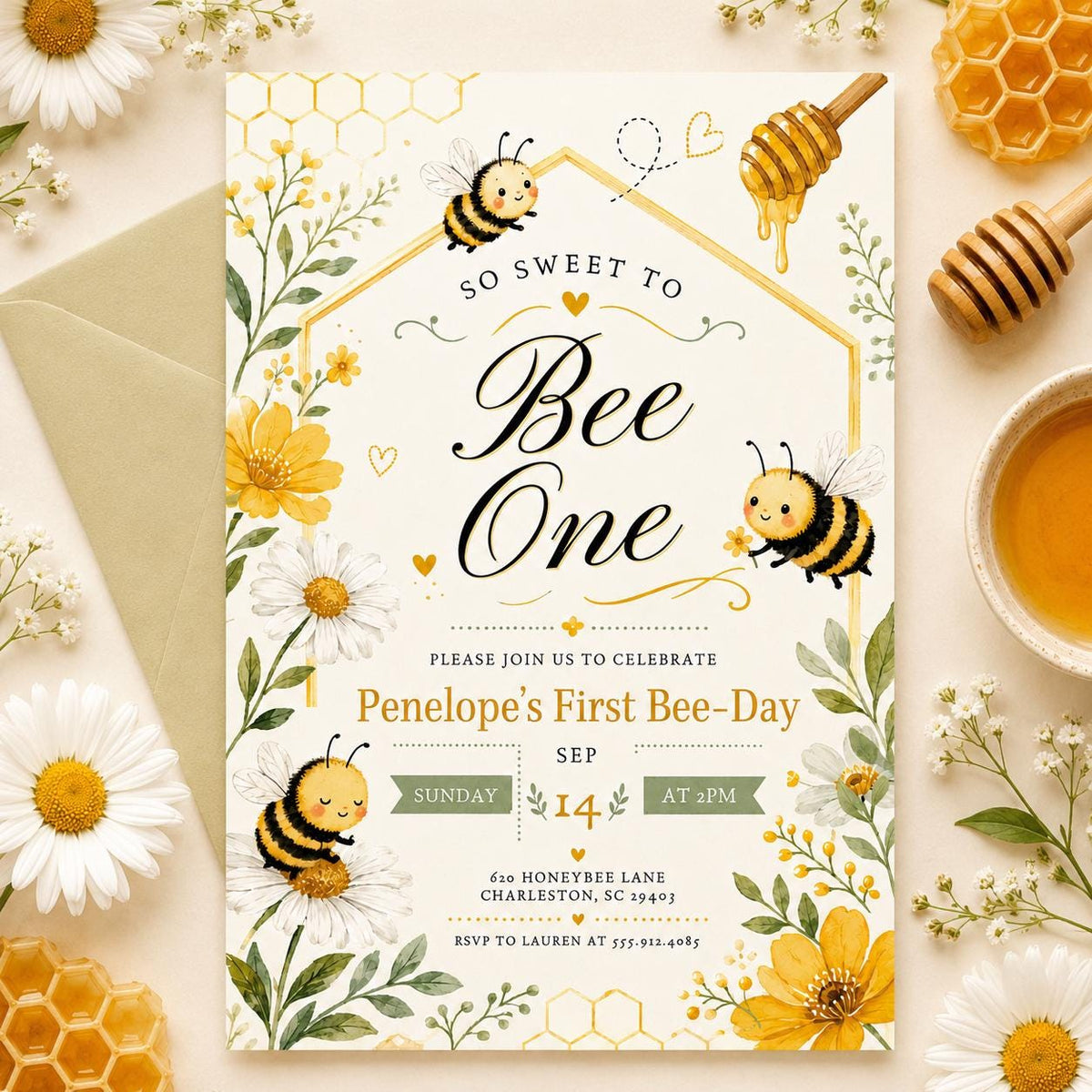Floral Bee One Birthday Invitation for Girls — first birthday stationery by VoltBy