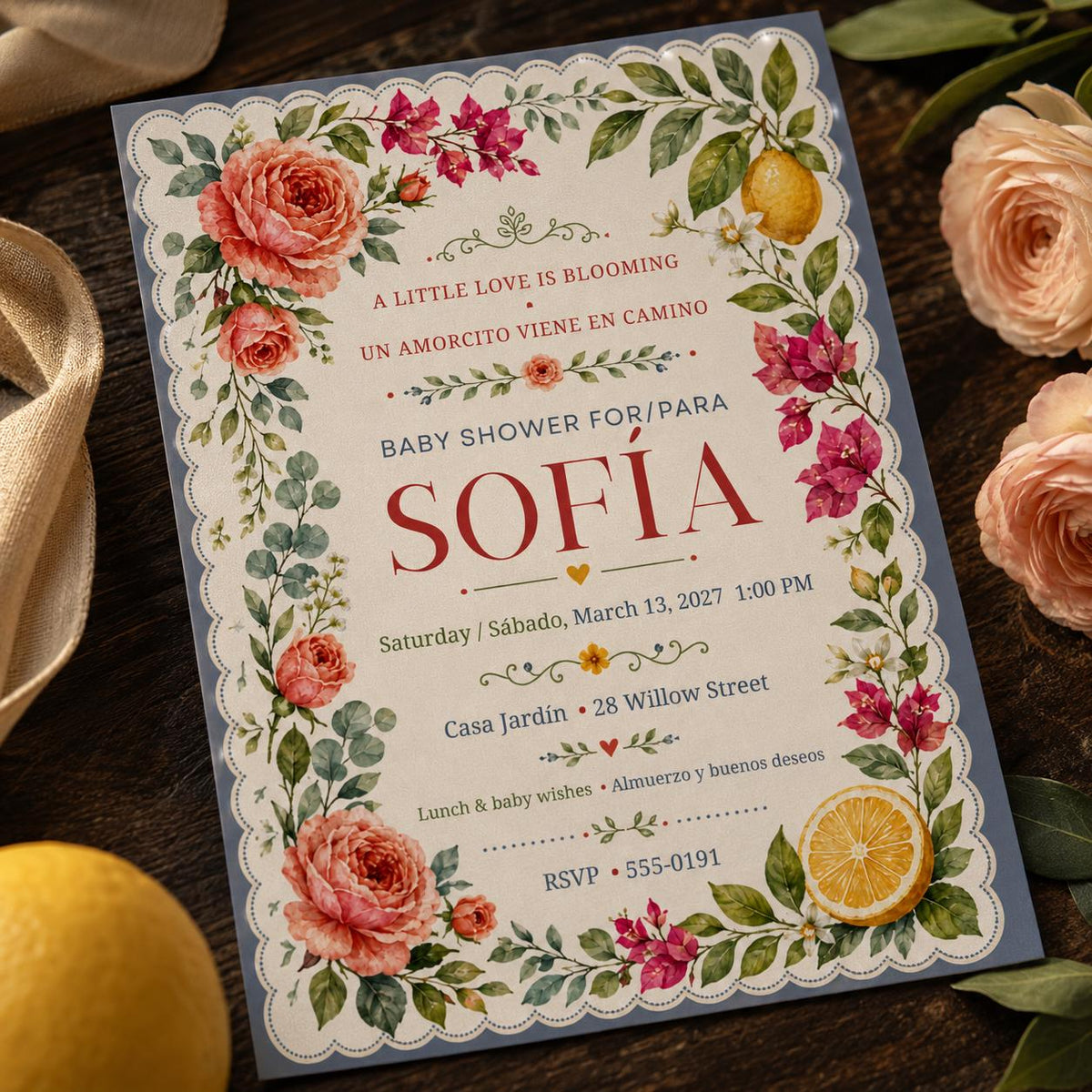 Floral Boho Bilingual Baby Shower Invitation — digital invitation, instant download