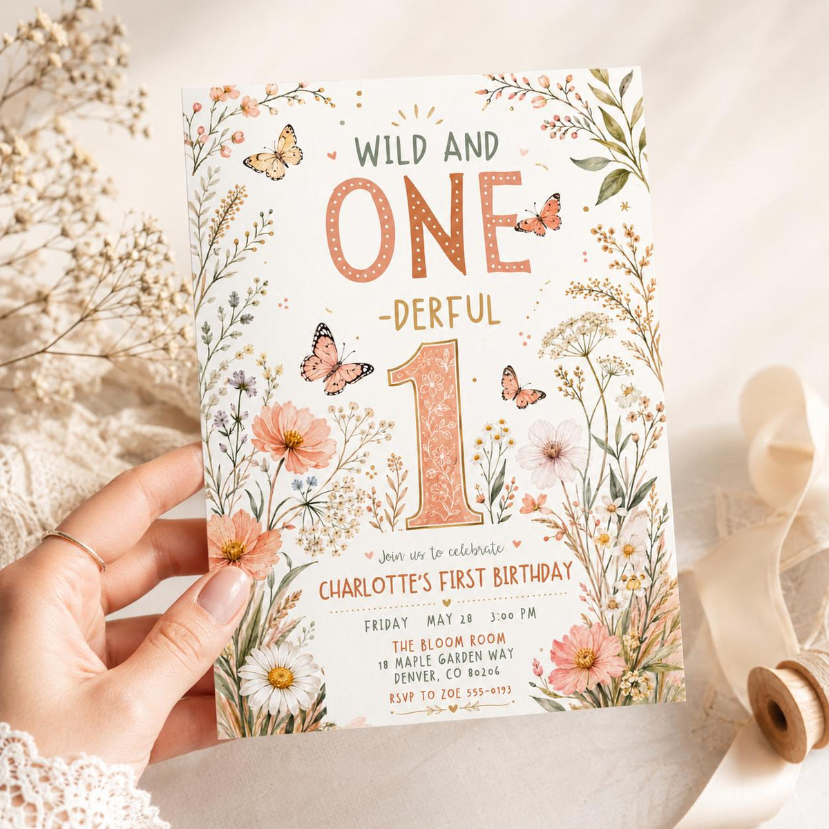 Floral Boho Wild One First Birthday Invitation for Girls — digital invitation, instant download