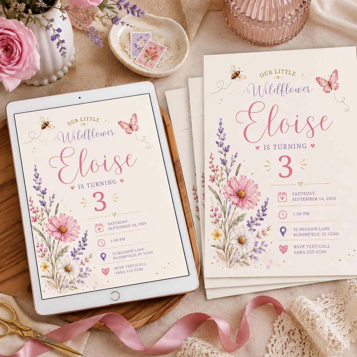 Floral Boho Wildflower 3rd Birthday Invitation for Girls — 3rd birthday party stationery by VoltBy