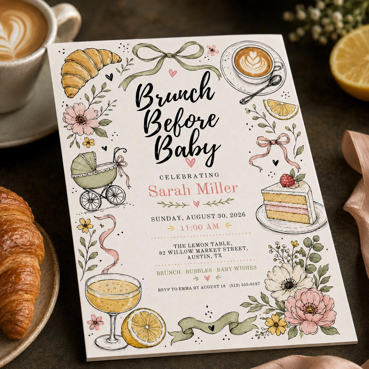 Floral Brunch Before Baby Shower Invitation for Girls — digital invitation, instant download