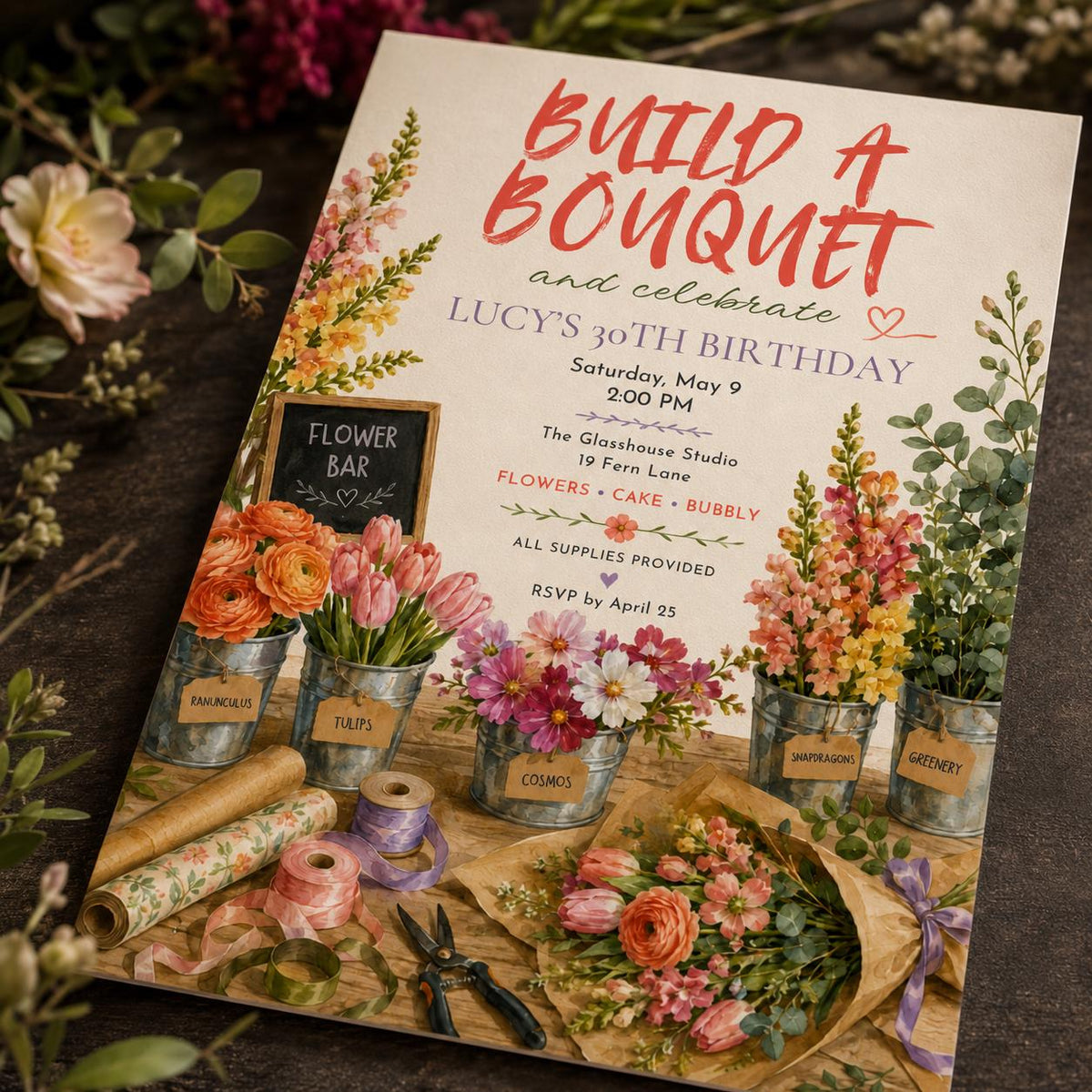 Floral Build a Bouquet 30th Birthday Invitation — 30th birthday party stationery by VoltBy