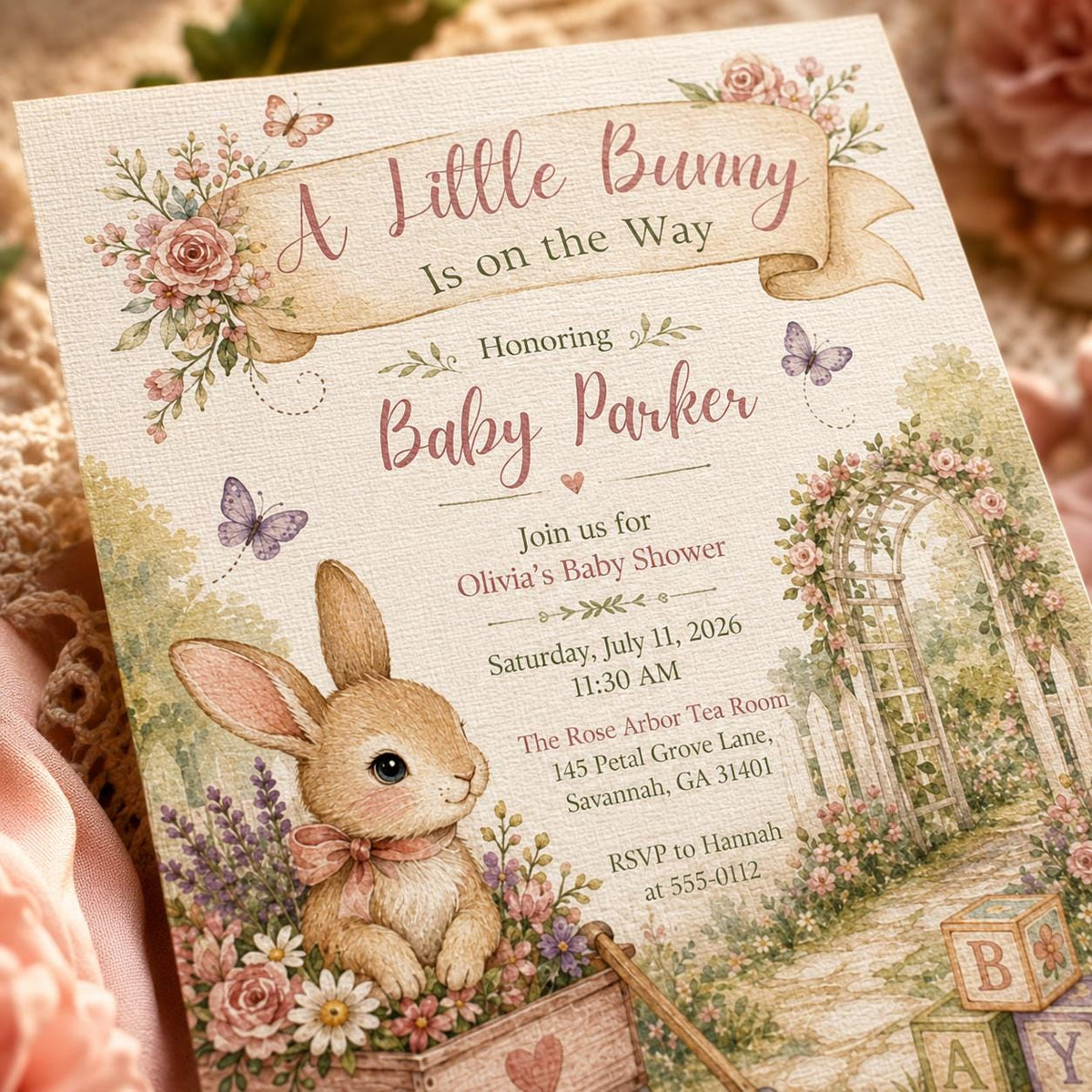 Floral Bunny Baby Shower Invitation: A Little Bunny is on the Way — digital invitation, instant download