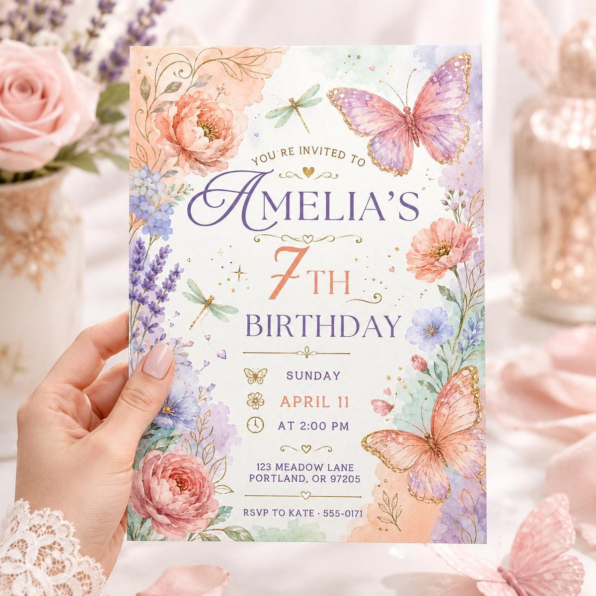 Floral Butterfly 7th Birthday Invitation — 7th birthday party stationery by VoltBy