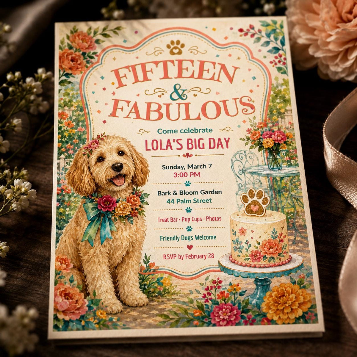 Floral Dog Birthday Invitation — digital invitation, instant download