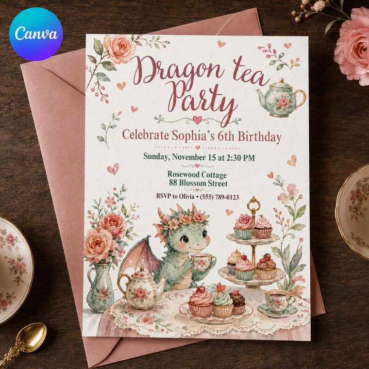 Floral Dragon Tea Party 6th Birthday Invitation with Cake Stand