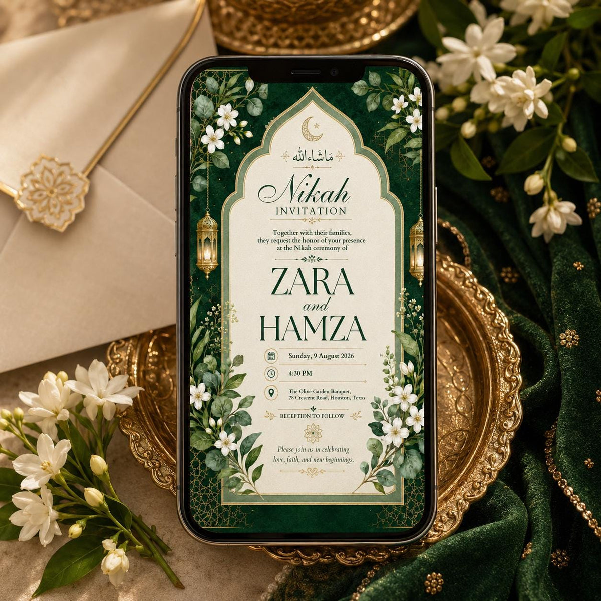 Floral Emerald Green Nikah Invitation — nikah ceremony stationery by VoltBy