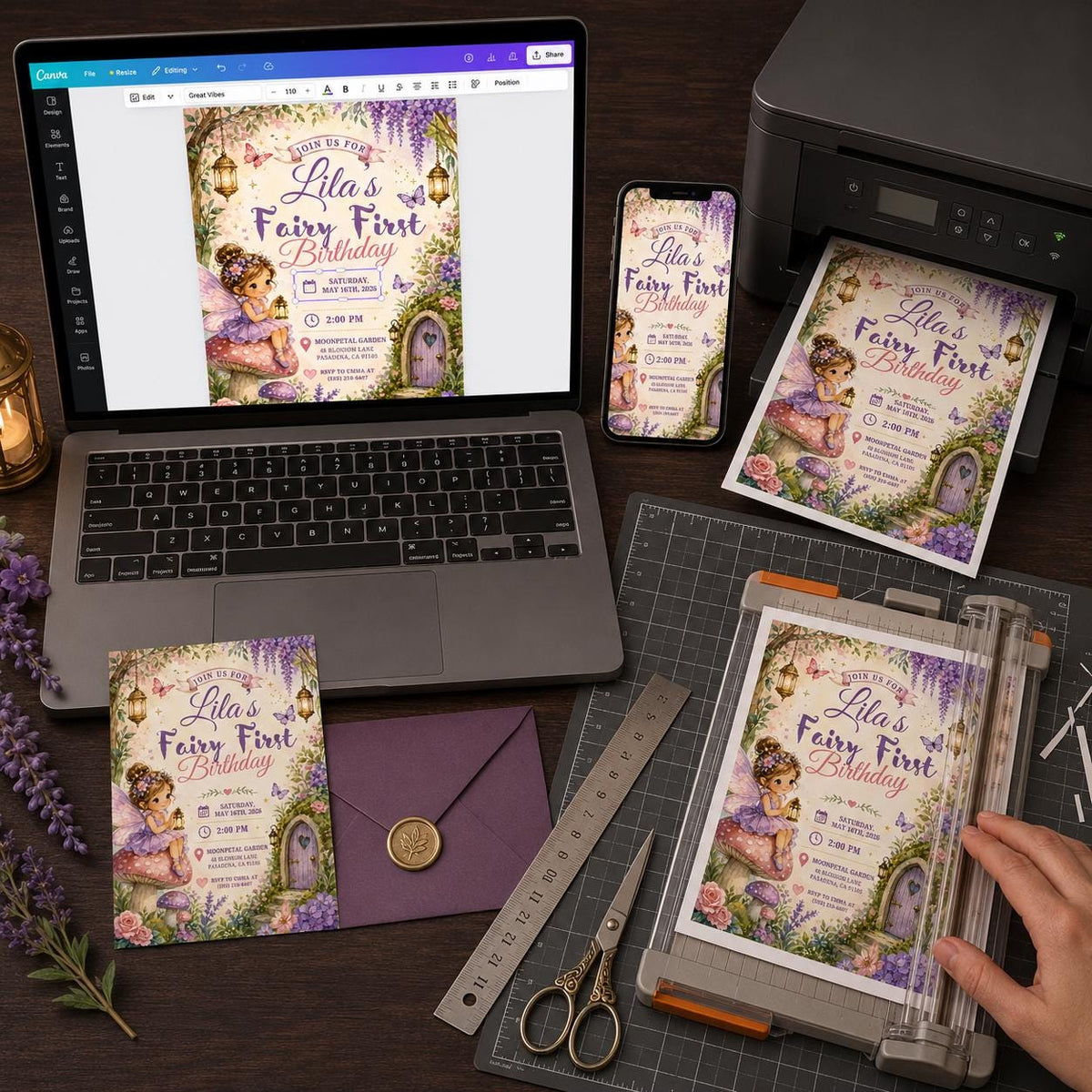 Floral Fairy First Birthday Invitation for Girls — digital invitation, instant download