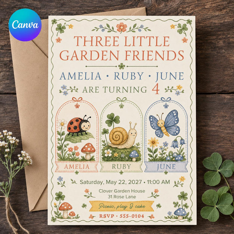 Floral Garden 4th Birthday Invitation for 3 Girls