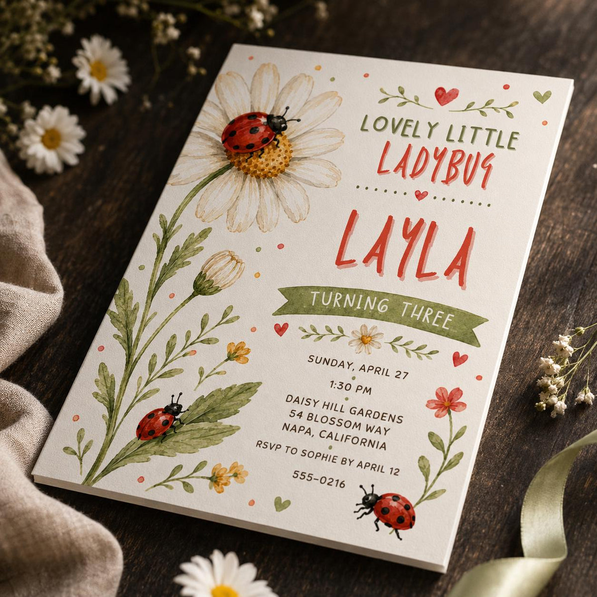 Floral Ladybug 3rd Birthday Invitation — digital invitation, instant download