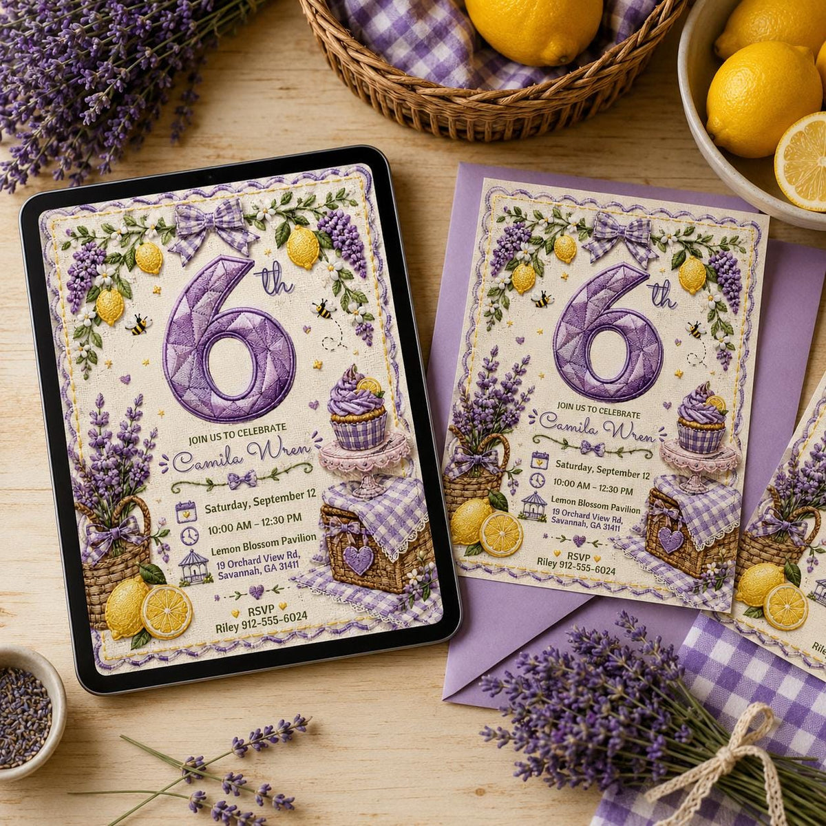Floral Lemon Lavender 6th Birthday Invitation for Girls — 6th birthday party stationery by VoltBy