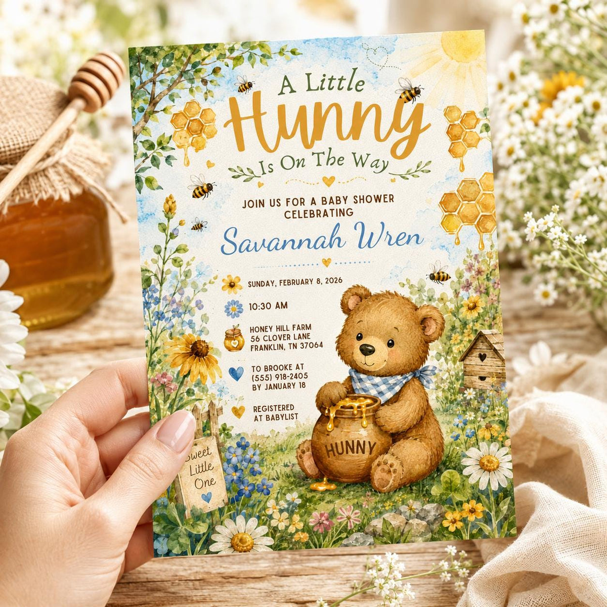 Floral Little Hunny Baby Shower Invitation — digital invitation, instant download