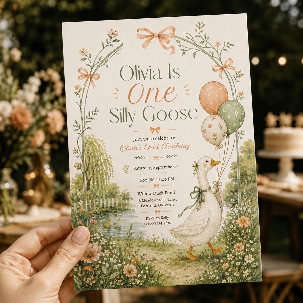 Floral One Silly Goose First Birthday Invitation — digital invitation, instant download