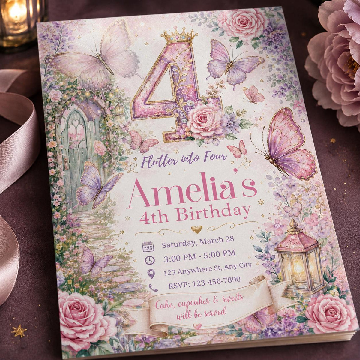 Floral Pastel Butterfly 4th Birthday Invitation for Girls — 4th birthday party stationery by VoltBy
