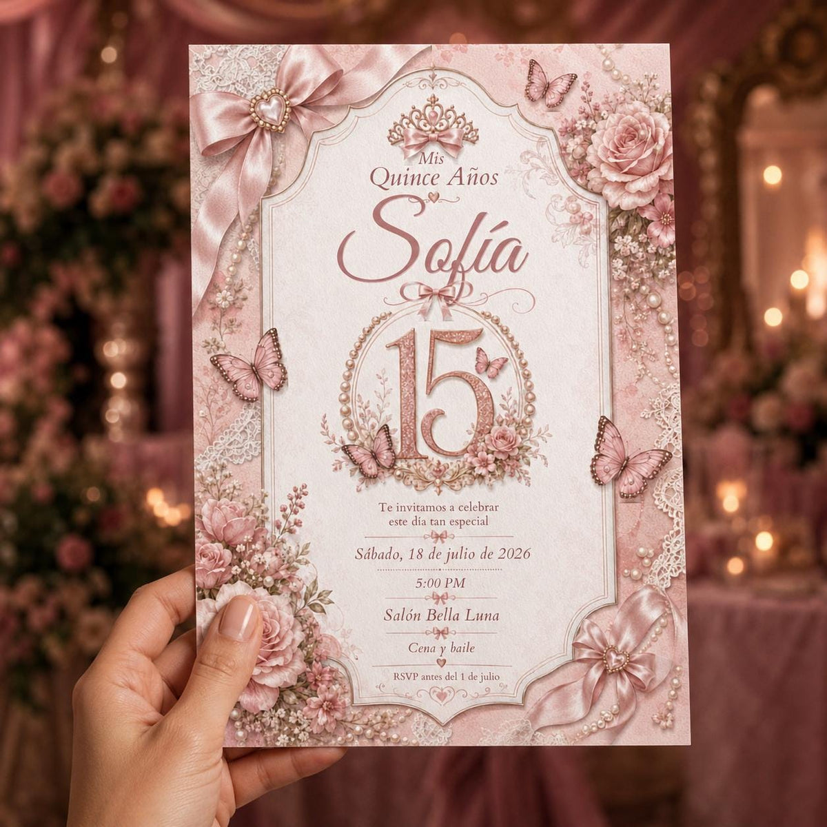 Floral Pink Quinceañera Invitation — digital invitation, instant download