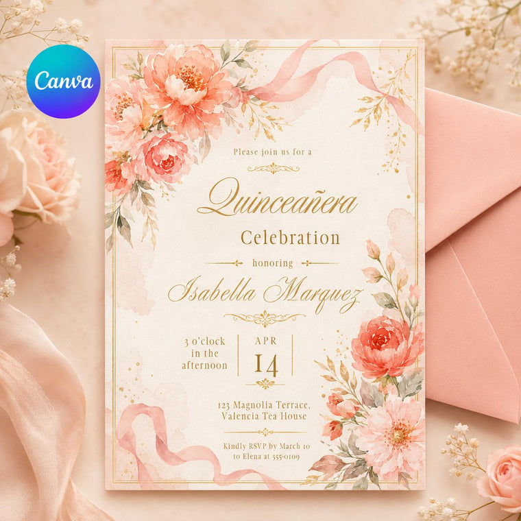 Floral Quinceañera Invitation with Ribbon Detail