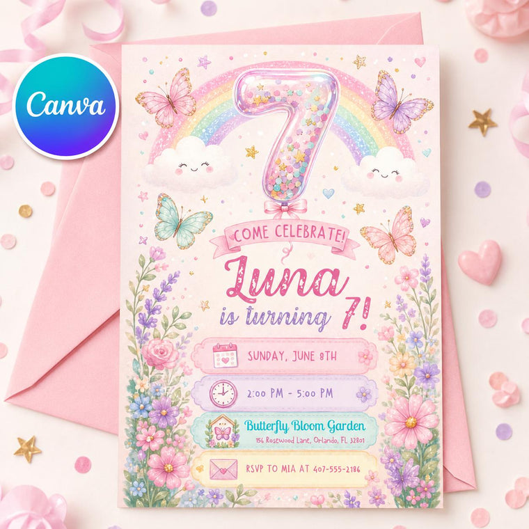 Floral Rainbow 7th Birthday Invitation with Butterflies