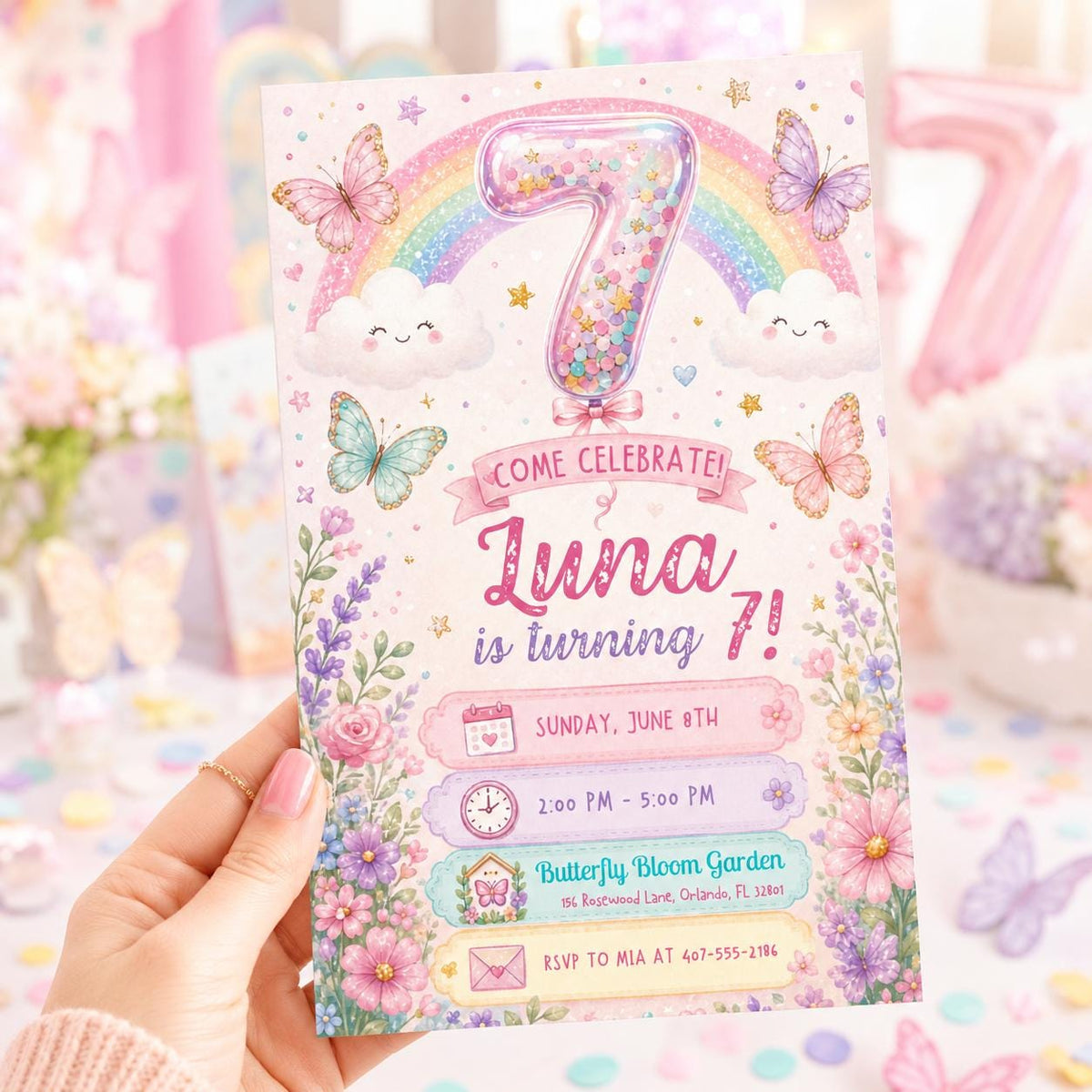 Floral Rainbow 7th Birthday Invitation with Butterflies — butterfly artwork in pink and purple