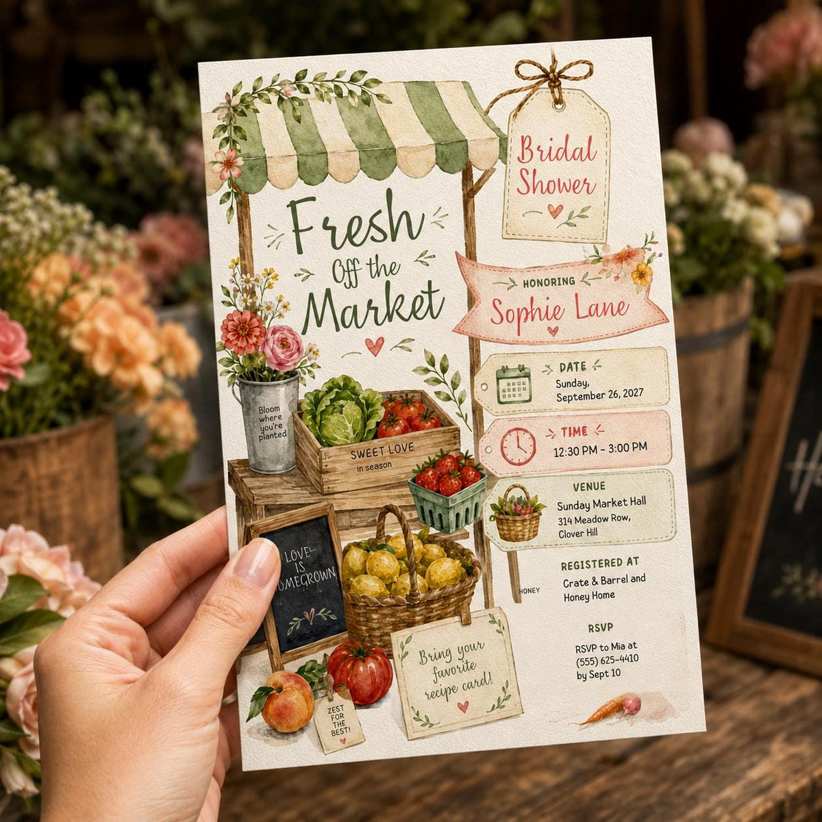 Floral Rustic Farmers Market Bridal Shower Invitation — bridal shower stationery by VoltBy