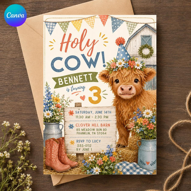 Floral Rustic Highland Cow 3rd Birthday Invitation for Boys