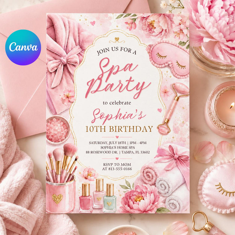 Floral Spa Party 10th Birthday Invitation with Pink Bow