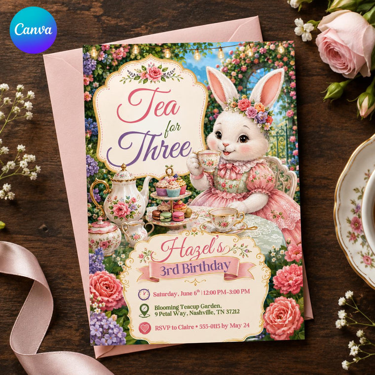 Floral Tea for Three 3rd Birthday Invitation for Girls