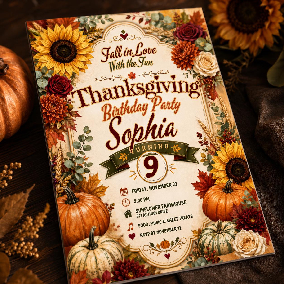 Floral Thanksgiving 9th Birthday Invitation for Girls — 9th birthday party stationery by VoltBy