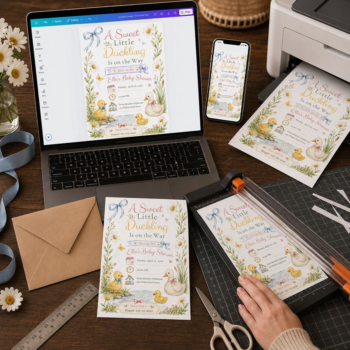 Floral Watercolor Duckling Baby Shower Invitation for Girls — digital invitation, instant download